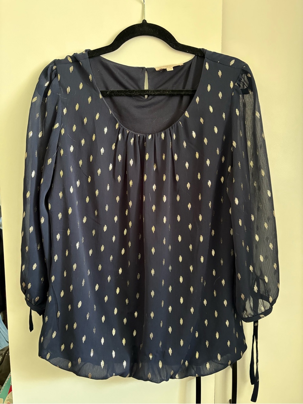 Women's Navy Metallic Dot Chiffon Blouse